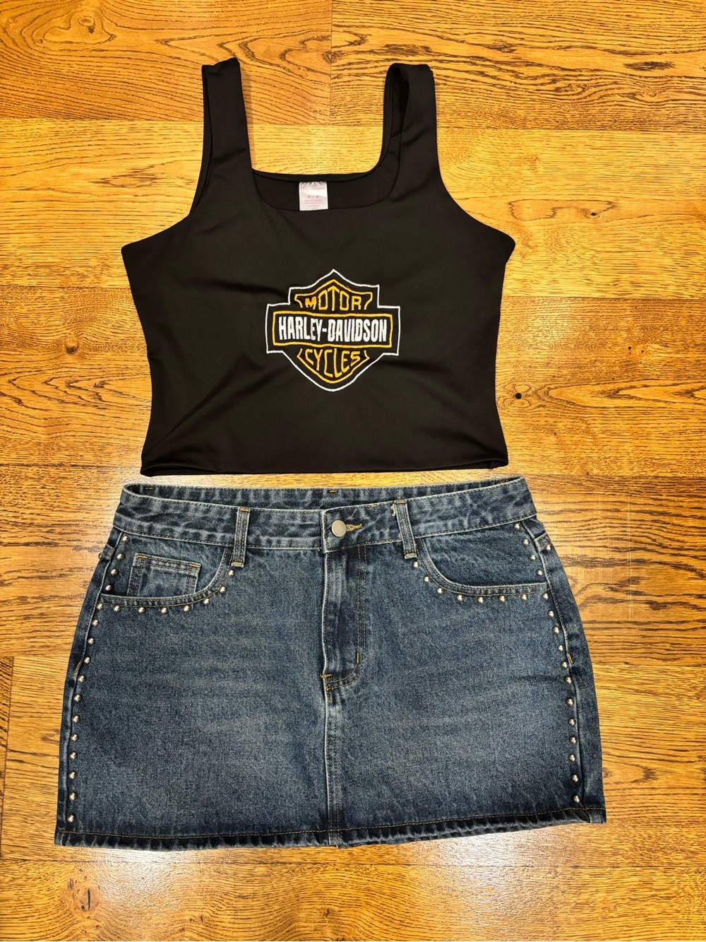 Windsor Studded Denim Skirt Size Large, With Embroidered Harley Davison Logo M